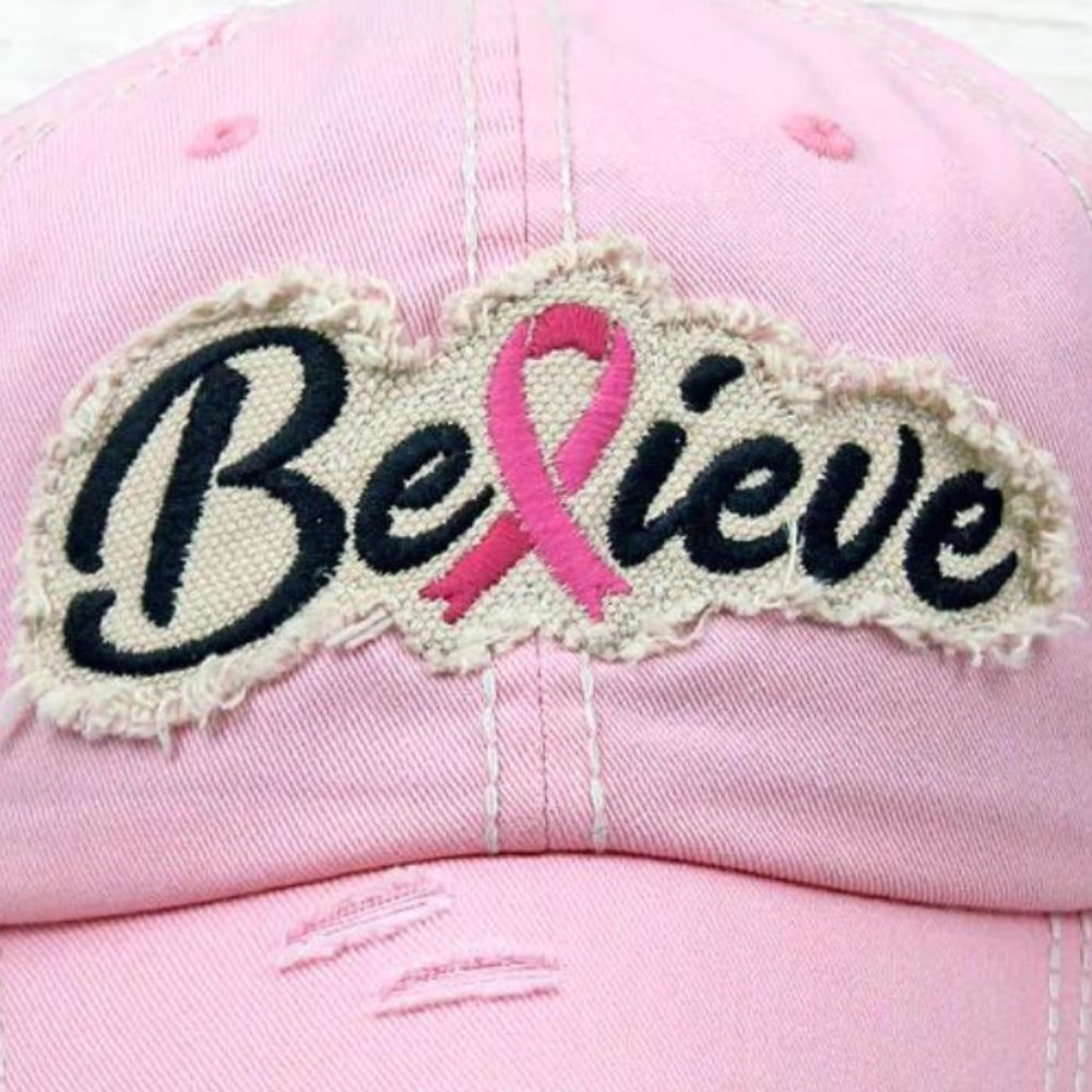 KBETHOS Pink Believe‎ Breast Cancer Ribbon Distressed Baseball Cap Hat NWT - Picture 2 of 4